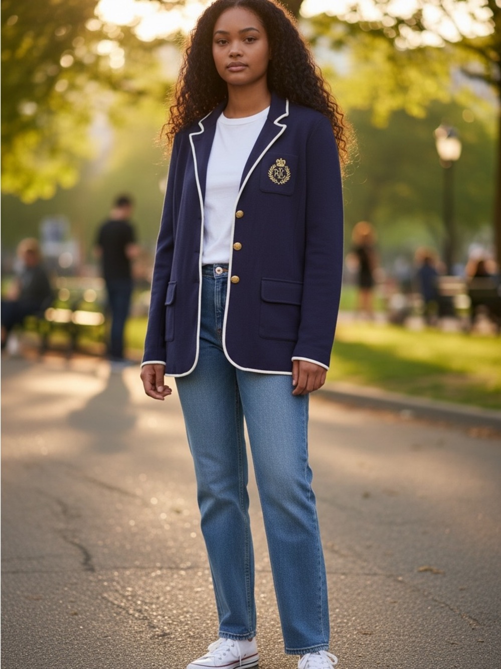 Ralph Lauren Navy Blazer with White Piping and Gold Crest and golf skirt